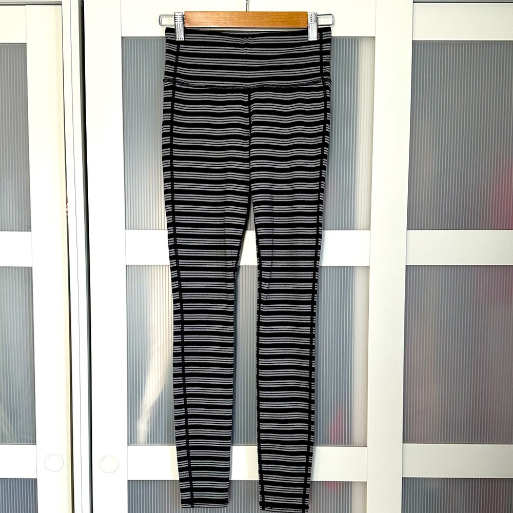 Athleta Chaturanga Black Grey Striped Leggings